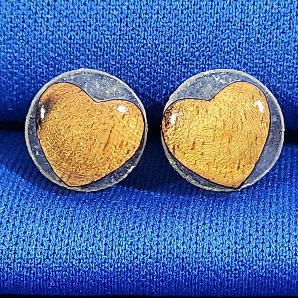 Vintage Earrings Wooden Lacquered Heart Shape Studs‎ Earthy Boho